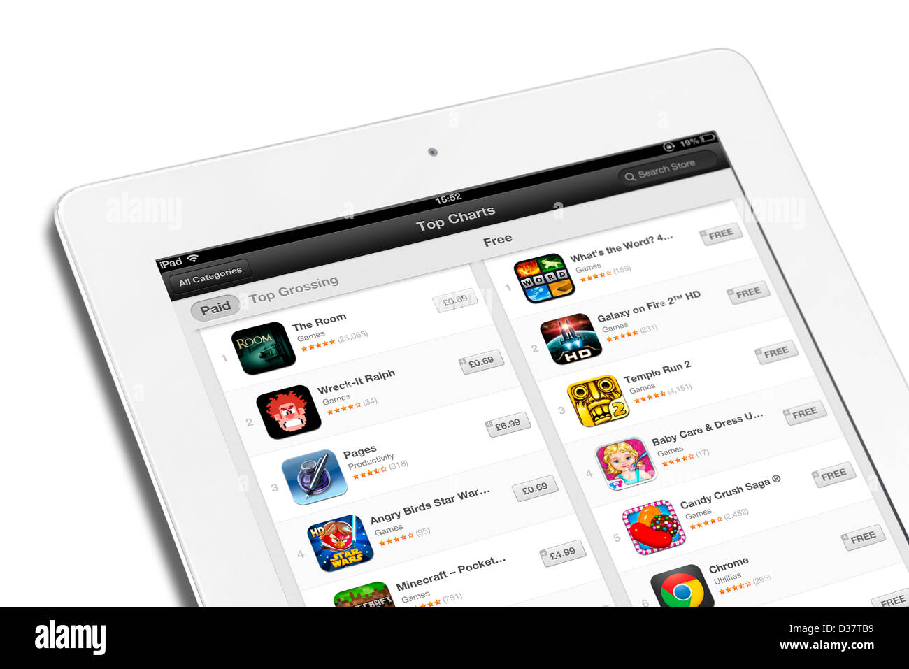 Tableau des applications les plus populaires sur l'App Store d'Apple sur un 4ème génération d'Apple iPad tablet computer Banque D'Images