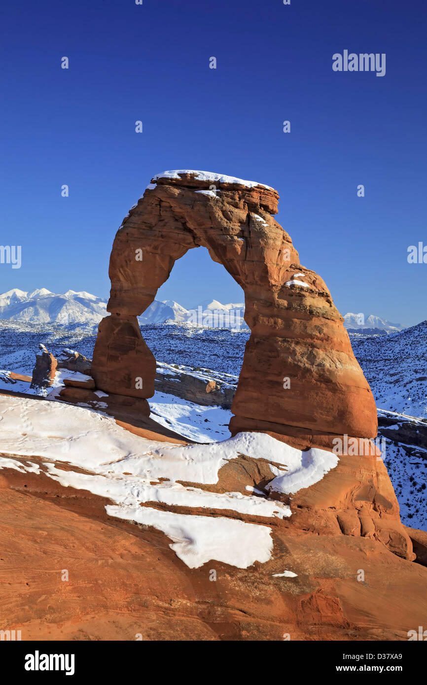 Delicate Arch et La Sal montagnes sous la neige, Arches National Park, Moab, Utah USA Banque D'Images