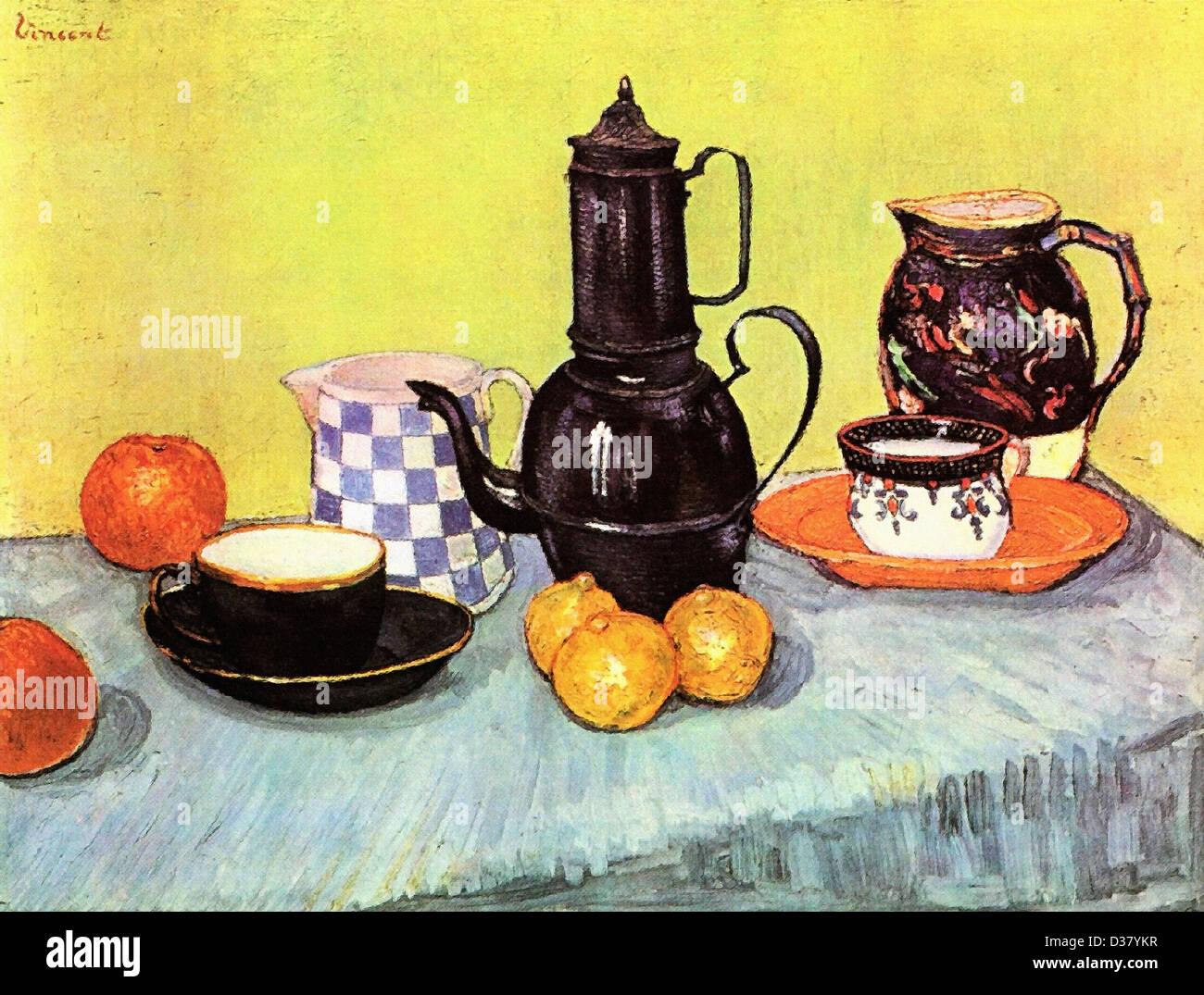 Vincent van Gogh, nature morte à la cafetière en émail bleu, argile et de fruits. 1888. Le postimpressionnisme. Huile sur toile. Banque D'Images