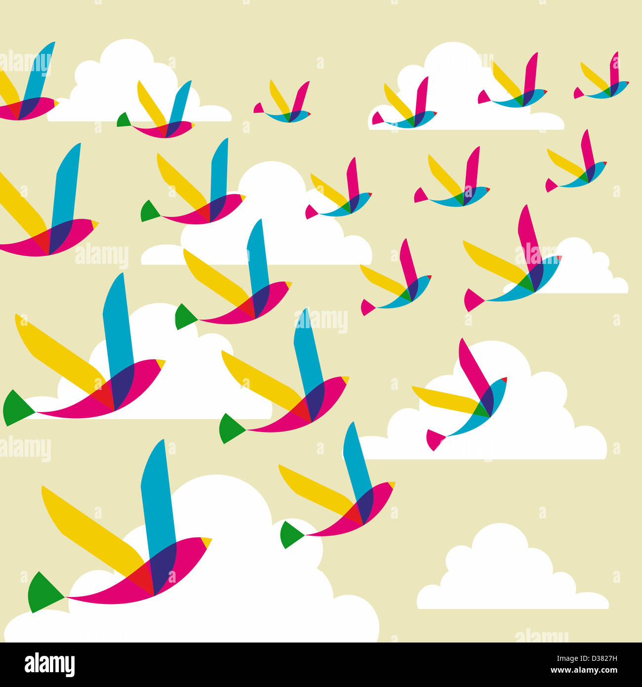 La transparence du printemps les oiseaux en plein vol modèle homogène. Couches de fichier vectoriel pour une manipulation facile et coloris. Banque D'Images