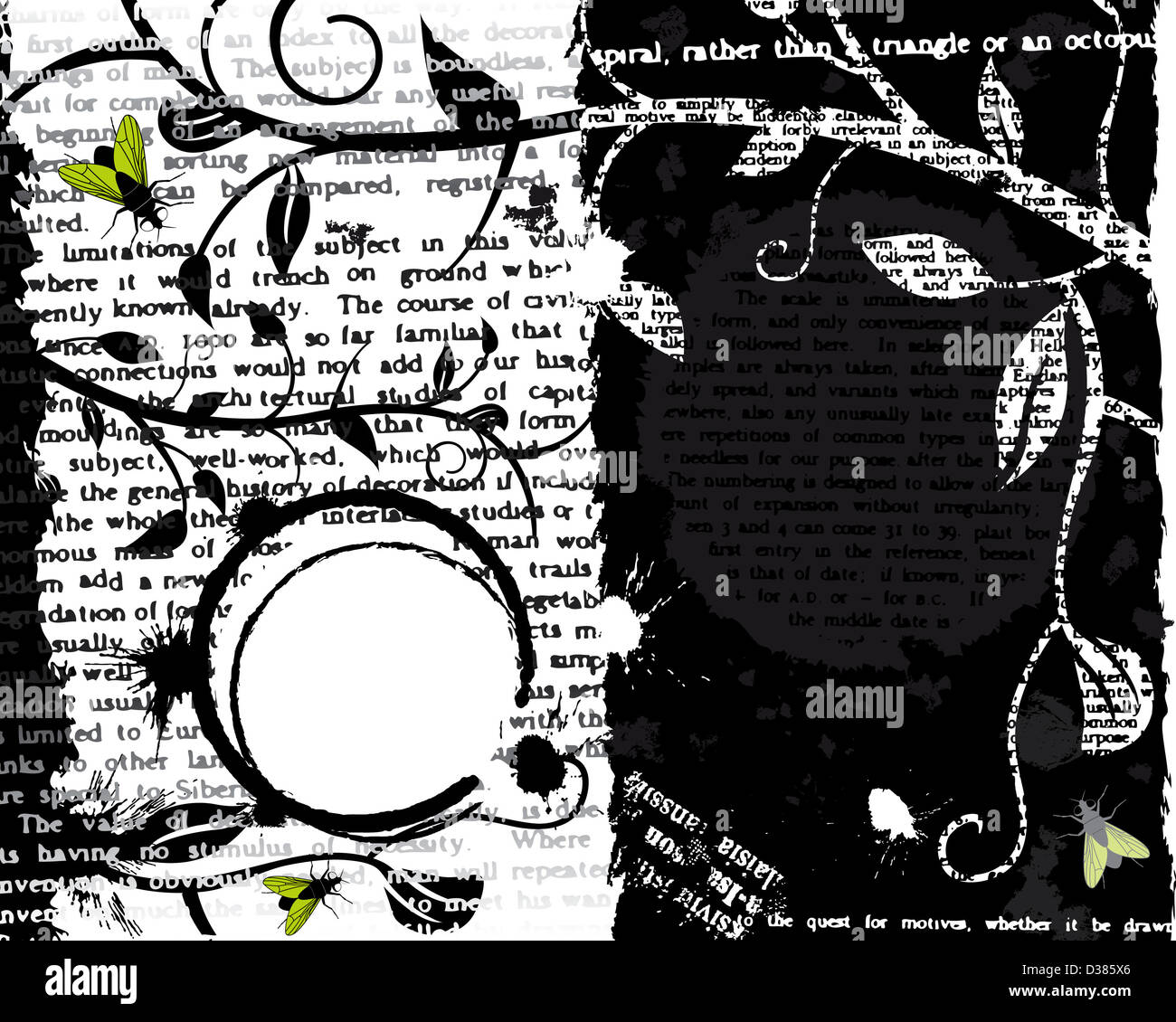 Fond noir et blanc avec des fragments de texte, des vignes et des mouches Banque D'Images