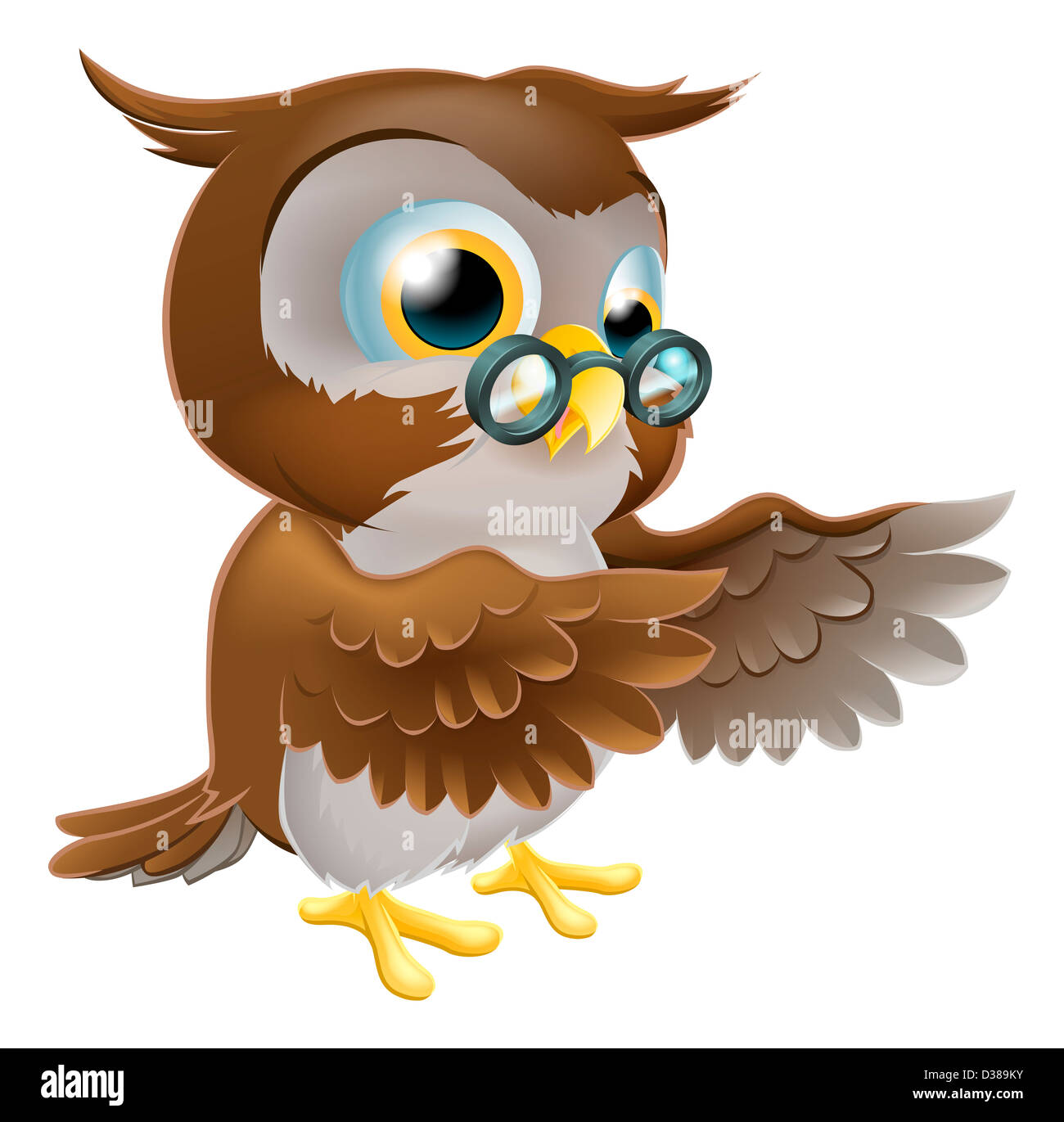 Une illustration d'un cute cartoon caractère Wise Owl ou pointage montrant quelque chose avec ses deux ailes Banque D'Images