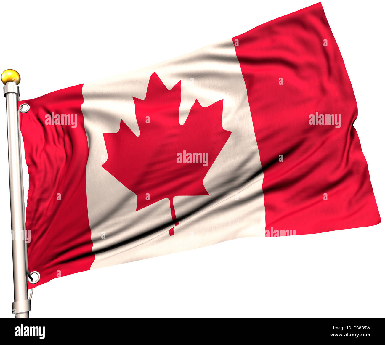 Drapeau du Canada sur un mât. Chemin de détourage inclus. La texture de la soie visible sur le drapeau à 100  %. Banque D'Images