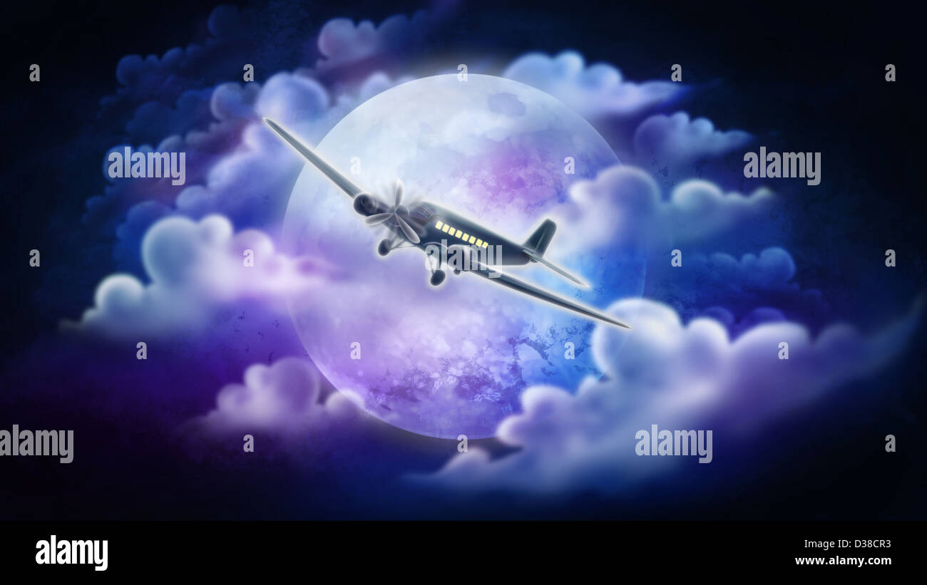 Image d'illustration de l'avion avec pleine lune dans l'arrière-plan représentant la livraison durant la nuit Banque D'Images