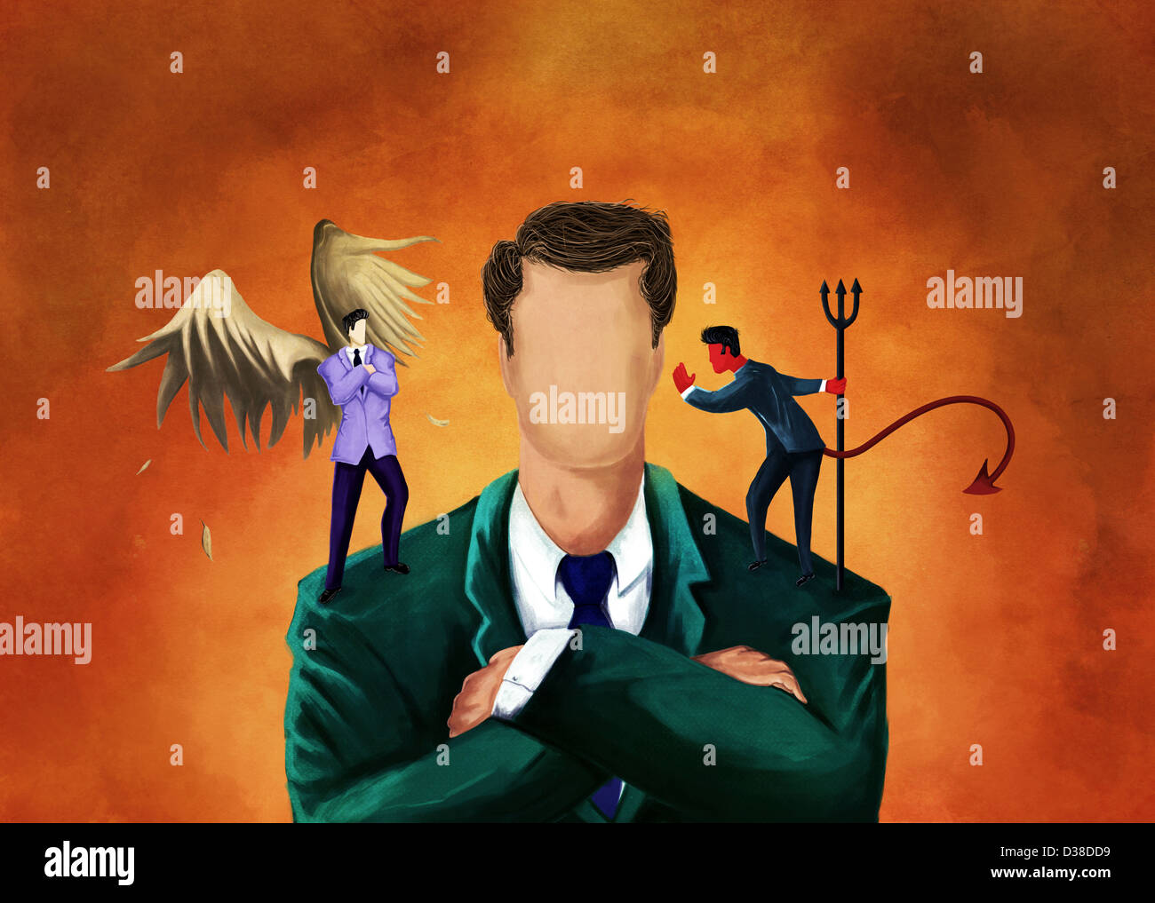 Image d'illustration de l'homme d'affaires pour obtenir des conseils d'un ange et un démon Banque D'Images