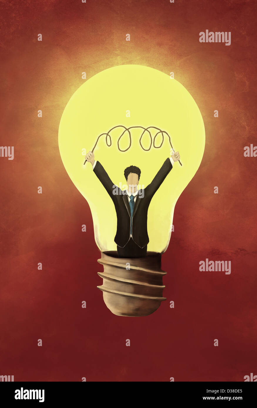 Image d'illustration de la représentation masculine holding filament dans l'ampoule incandescent représentant idée d'entreprise Banque D'Images