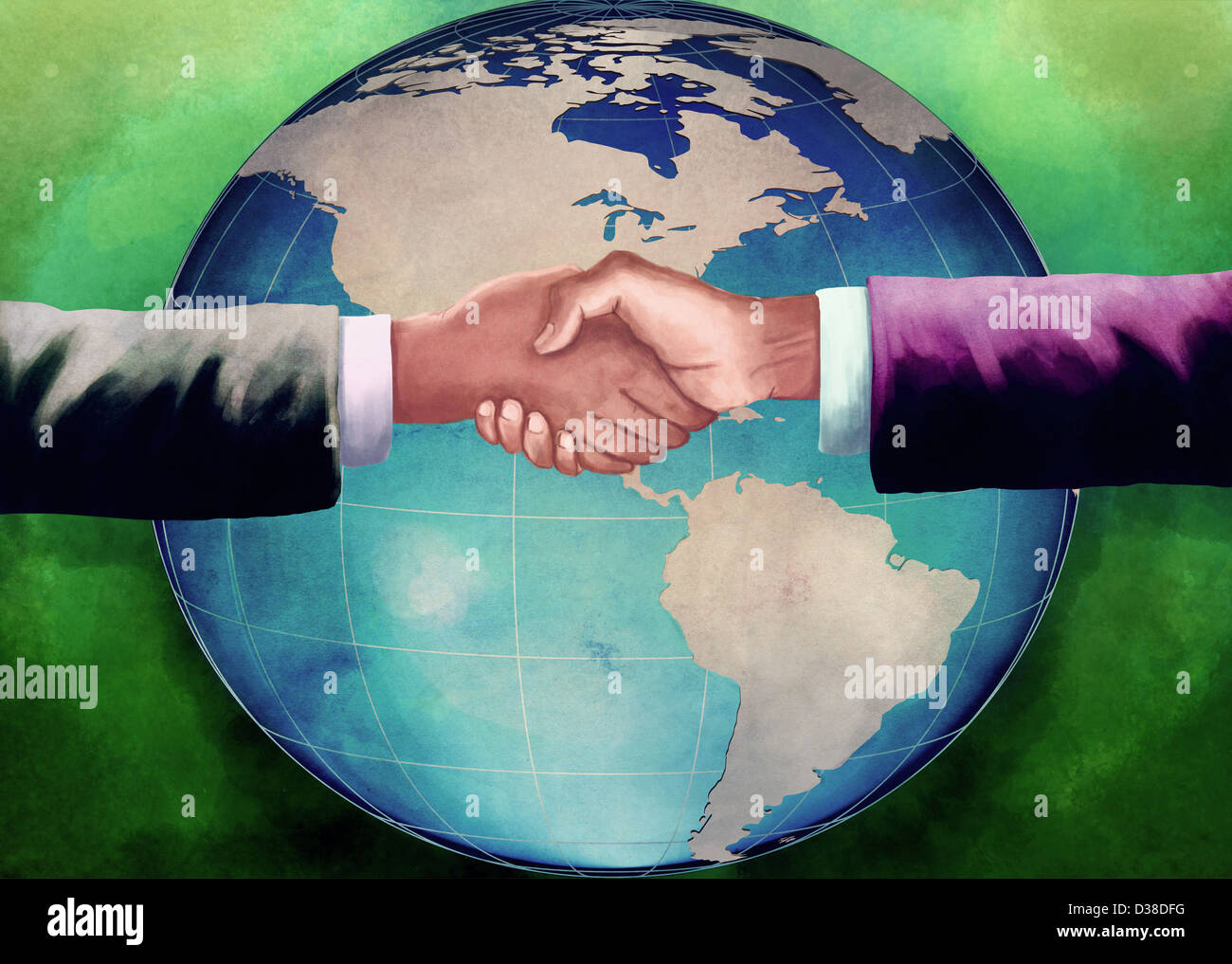 Image d'illustration de businessmen shaking hands with globe dans l'arrière-plan représentant les entreprises d'accord Banque D'Images