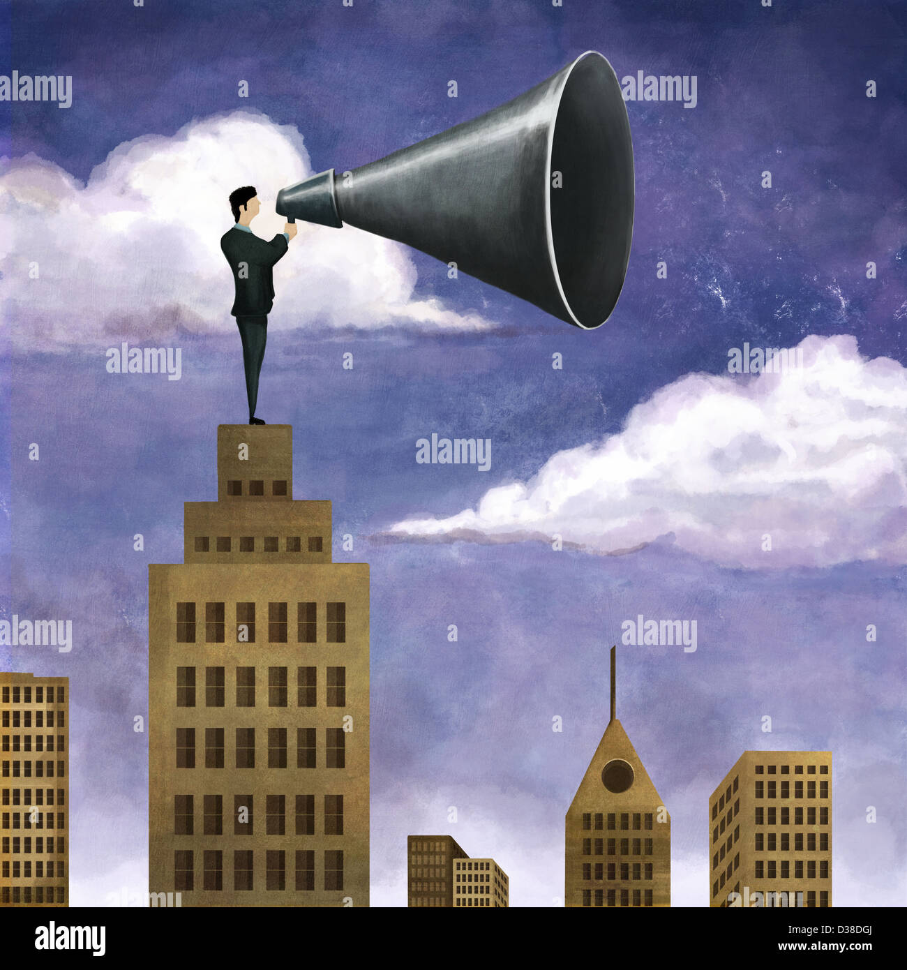 Image d'illustration de businessman, au-dessus du bâtiment holding mega leadership représentant téléphone Banque D'Images