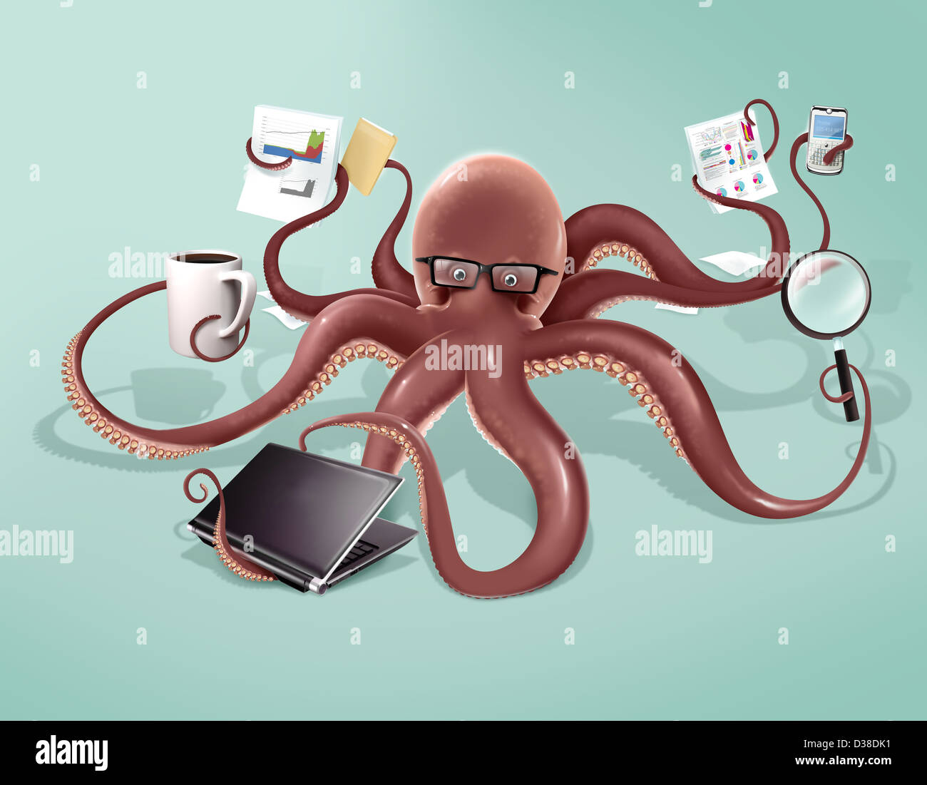 Image d'illustration d'octopus multi tasking sur fond coloré Banque D'Images