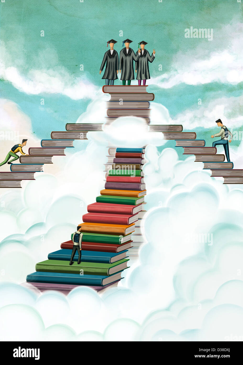 Image d'illustration d'étudiants sur pile de livres représentant le jour de graduation Banque D'Images