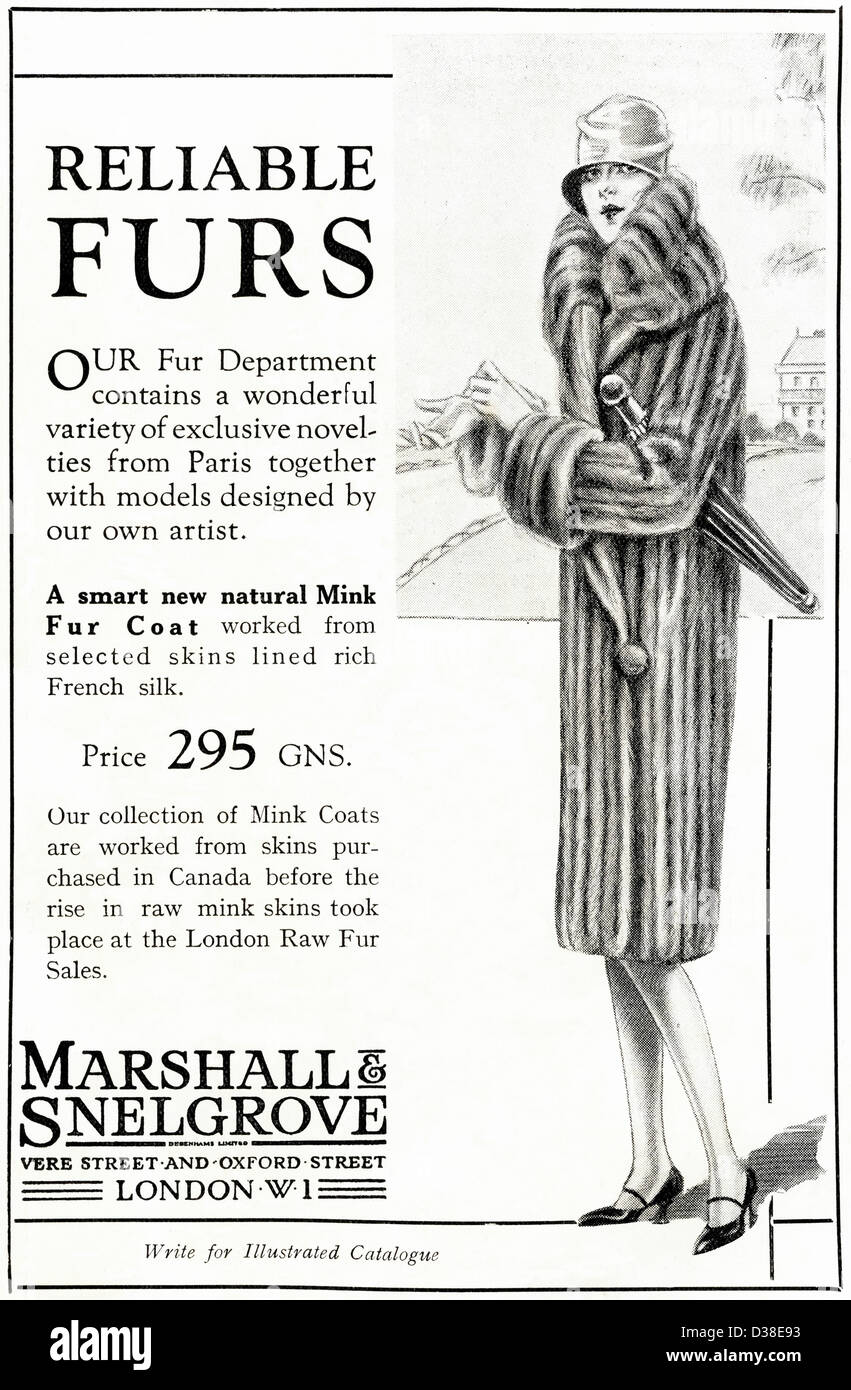 Vintage des années 1920 Publicité imprimée à partir de l'anglais country gentleman's newspaper advertising mink fur coat par Marshall & Snelgrove de Londres Banque D'Images