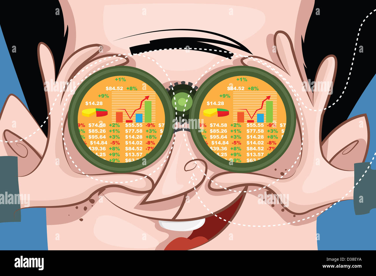 Image d'illustration de l'homme heureux en gardant une montre sur le stock market through binoculars Banque D'Images
