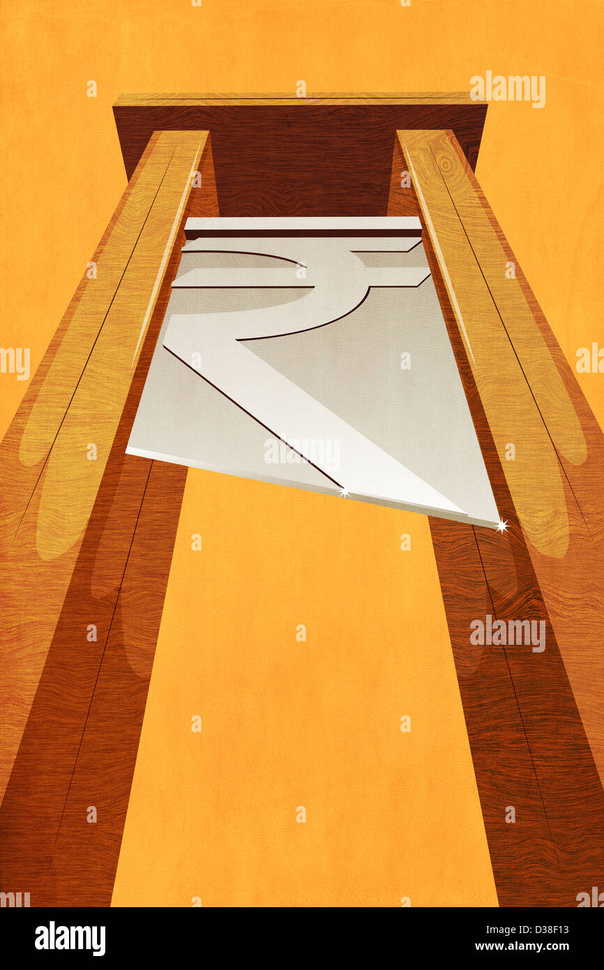 Image d'illustration de la devise indienne signe entre colonnes indiquant une dette en hausse Banque D'Images
