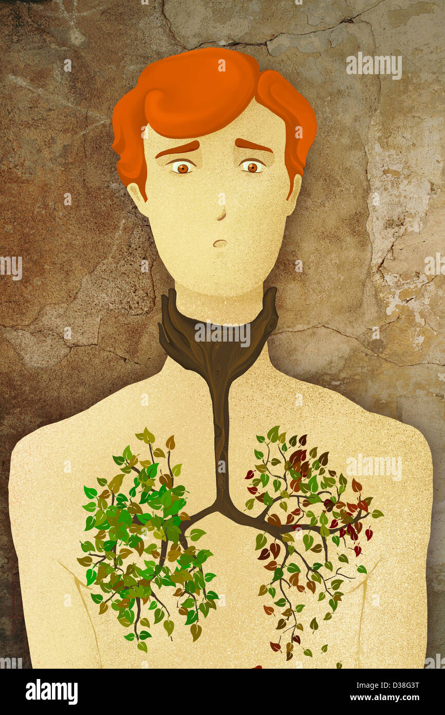 Concept de l'homme illustration arbre qui grandit dans la poitrine qui représente le cancer du poumon Banque D'Images