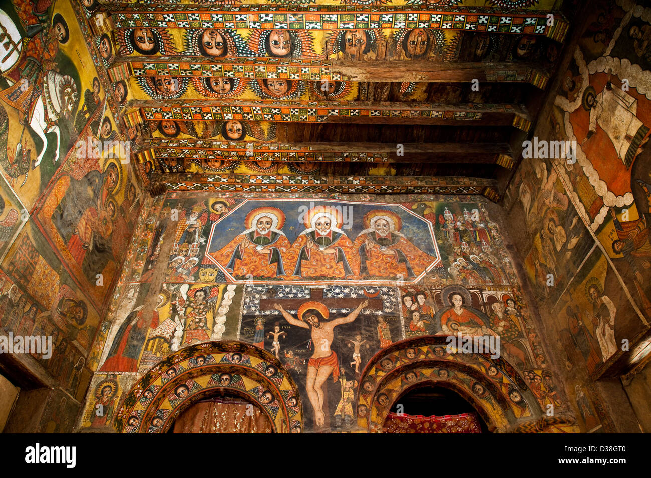 Des peintures murales colorées, Église Debre Birhan Selassie, Gondar, Éthiopie Banque D'Images