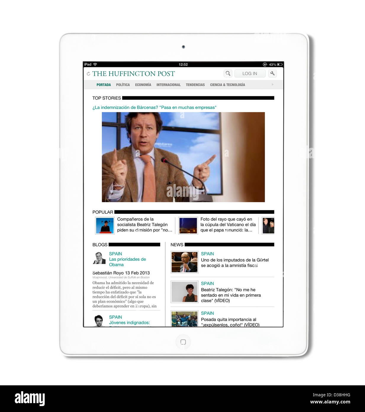 Application iPad montrant l'édition espagnole du Huffington Post sur un Apple iPad 4e génération Banque D'Images