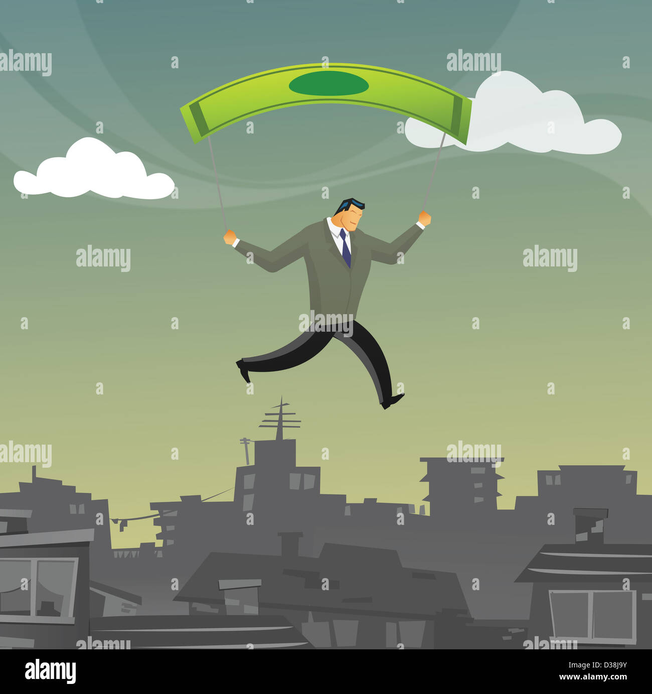 Businessman parachute sur une ville Banque D'Images