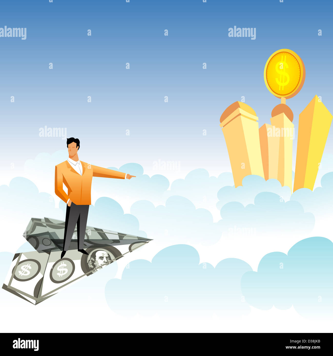 Homme d'affaires voyageant sur un avion en papier et pointant vers des gratte-ciel sur les nuages Banque D'Images