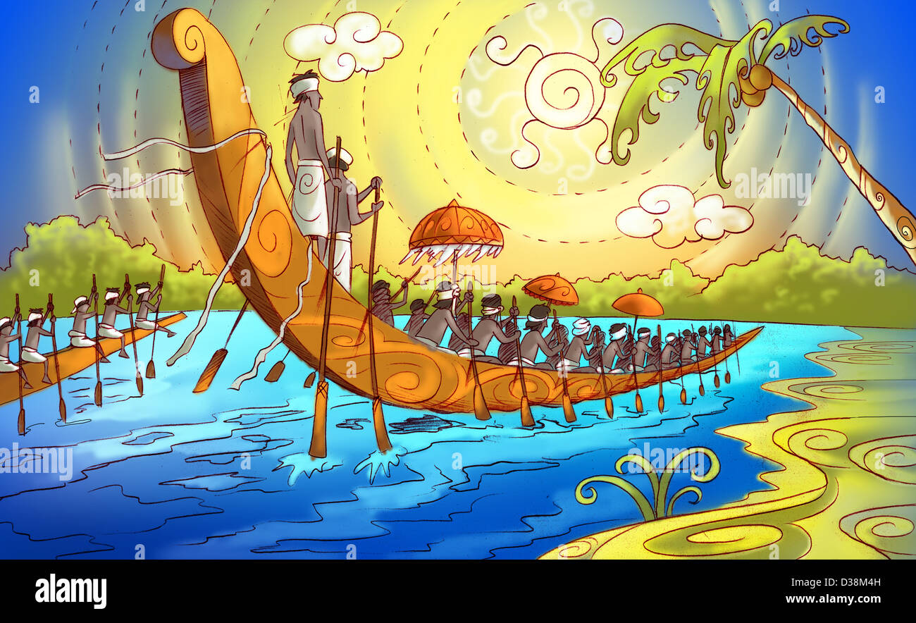 Groupe de personnes participant à une des courses de bateau de serpent, Kerala, Inde Banque D'Images