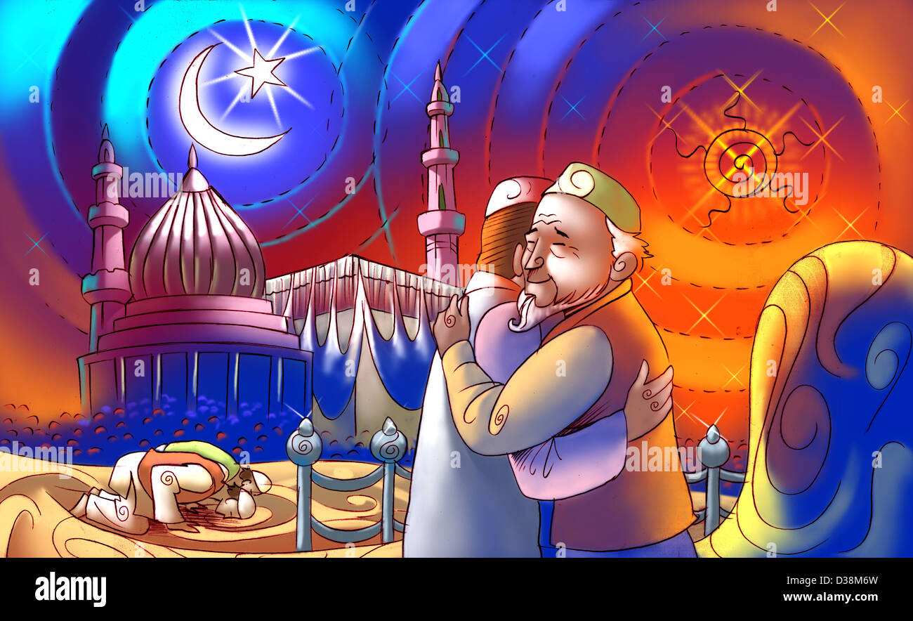 Deux hommes musulmans serrant l'un l'autre à l'occasion de Eid Ul-Fitr Banque D'Images
