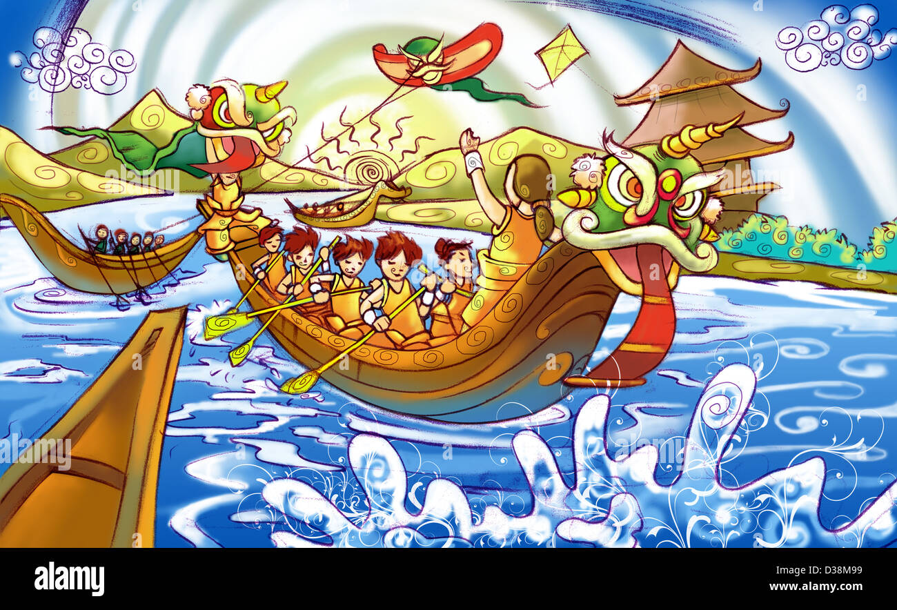 Les personnes qui participent à une course de bateaux-dragons, Chine Banque D'Images