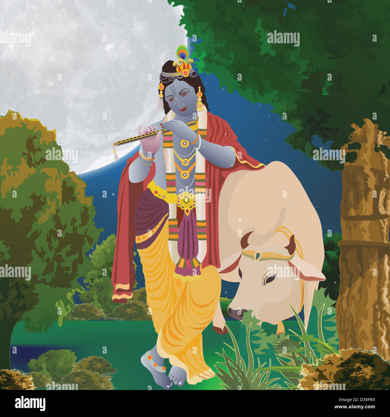 Le Seigneur Krishna jouant la flûte avec Holy Cow dans une forêt Banque D'Images