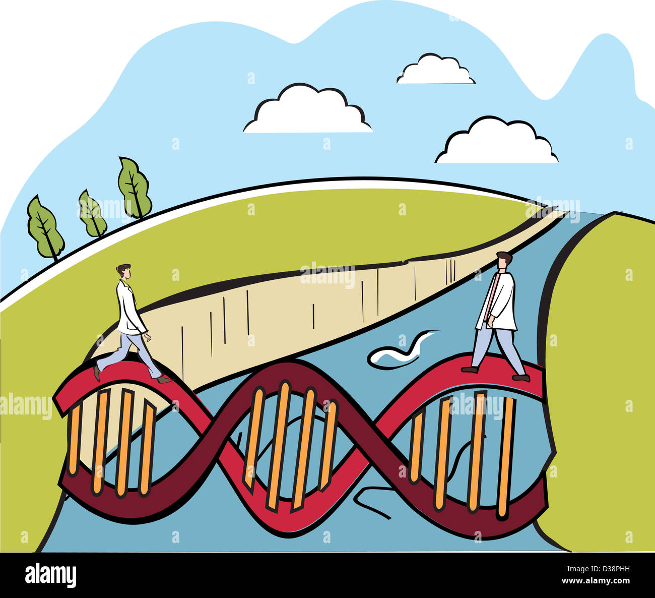 Deux scientifiques traversant un pont d'ADN Banque D'Images