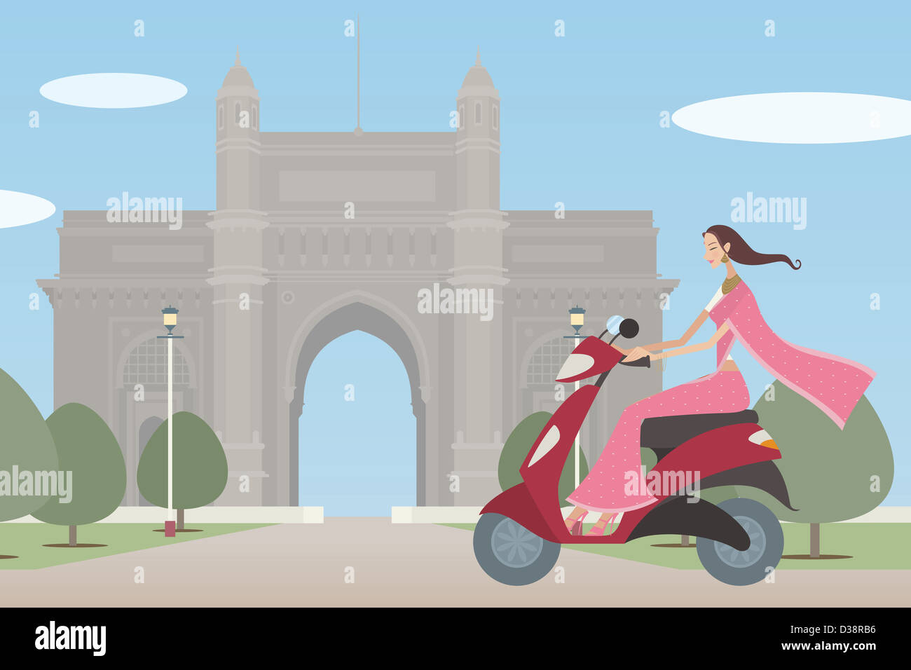 Woman riding a scooter en face d'un monument, Gateway of India, Mumbai, Maharashtra, Inde Banque D'Images