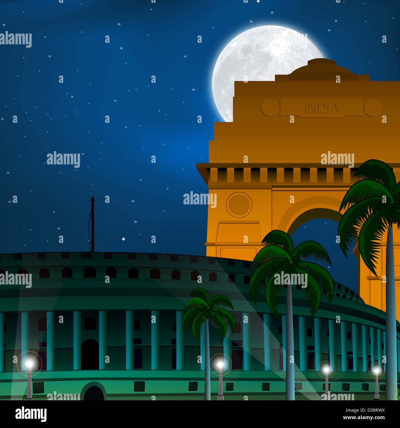 Au fil incandescent lune bâtiments gouvernementaux, Sansad Bhawan, porte de l'Inde, New Delhi, Inde Banque D'Images