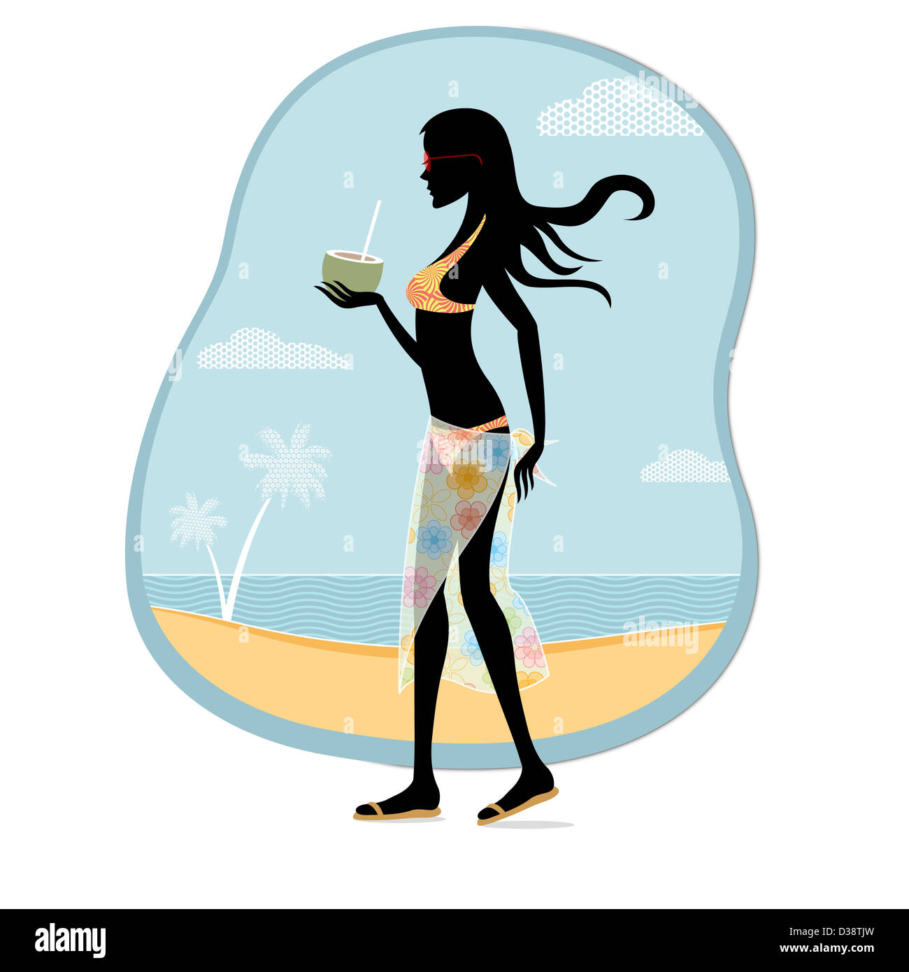 Woman eau de noix de coco sur la plage Banque D'Images