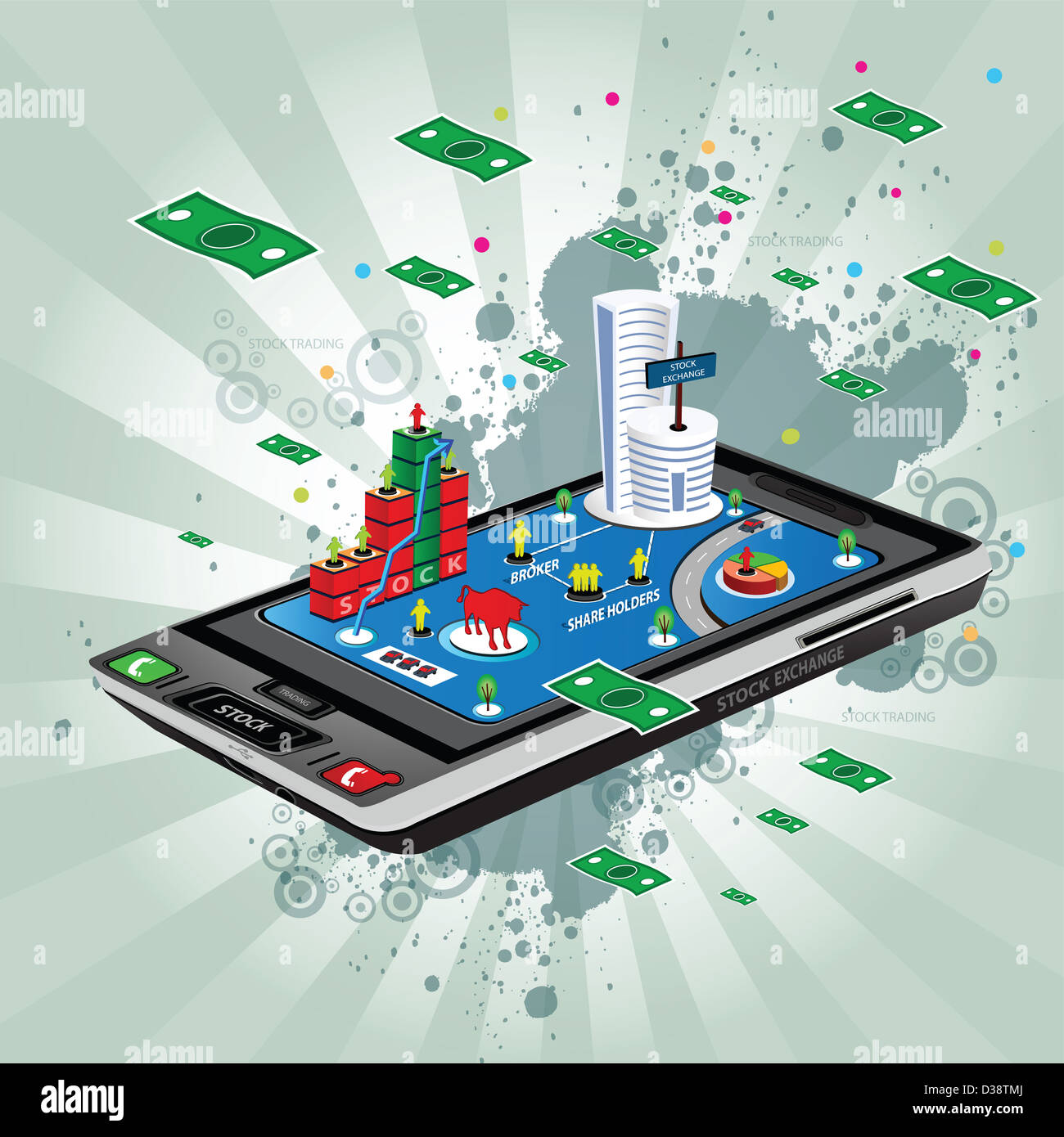 Représentation d'illustration montrant l'utilisation d'un téléphone mobile en stock trading Banque D'Images