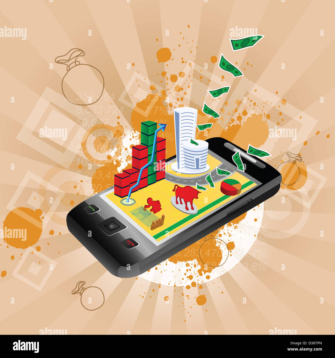 Représentation d'illustration montrant l'utilisation d'un téléphone mobile en stock trading Banque D'Images