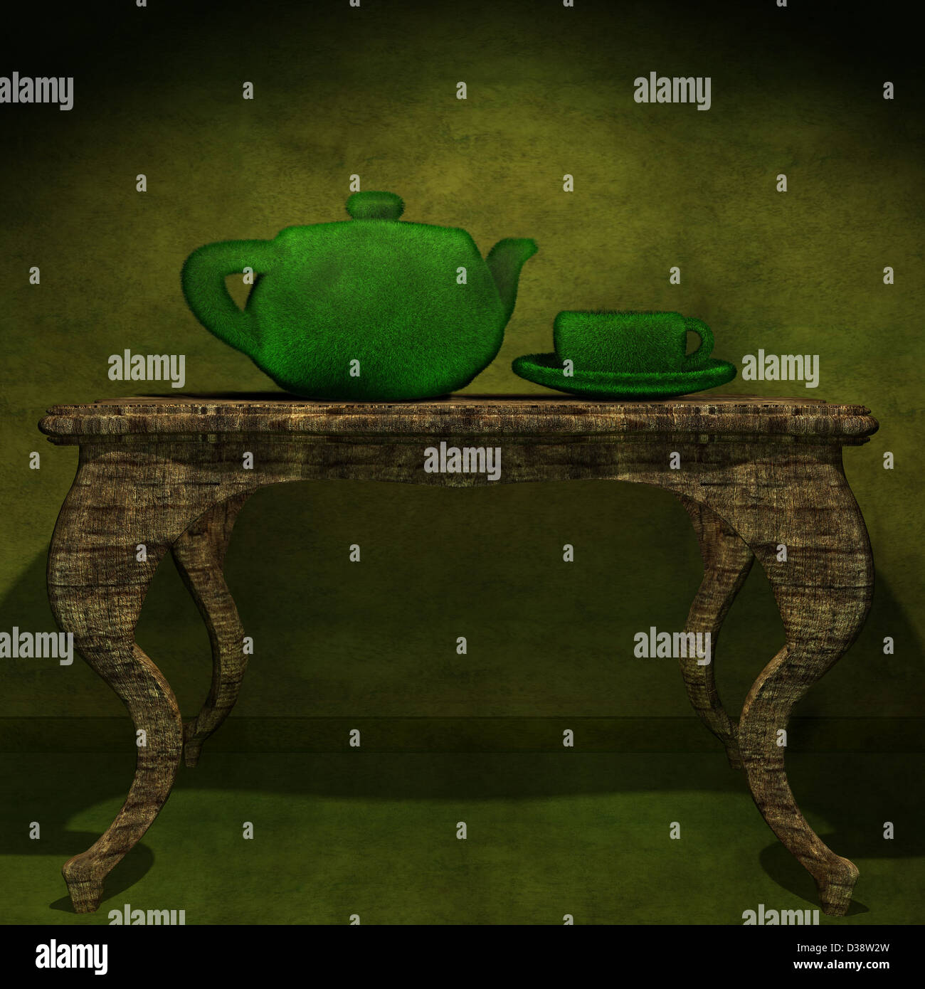 Théière vert avec une tasse sur une table Banque D'Images