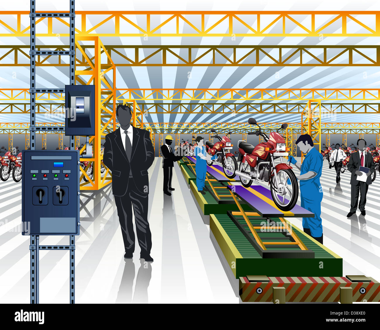 Essais motos travailleur sur la ligne de production dans une usine Banque D'Images