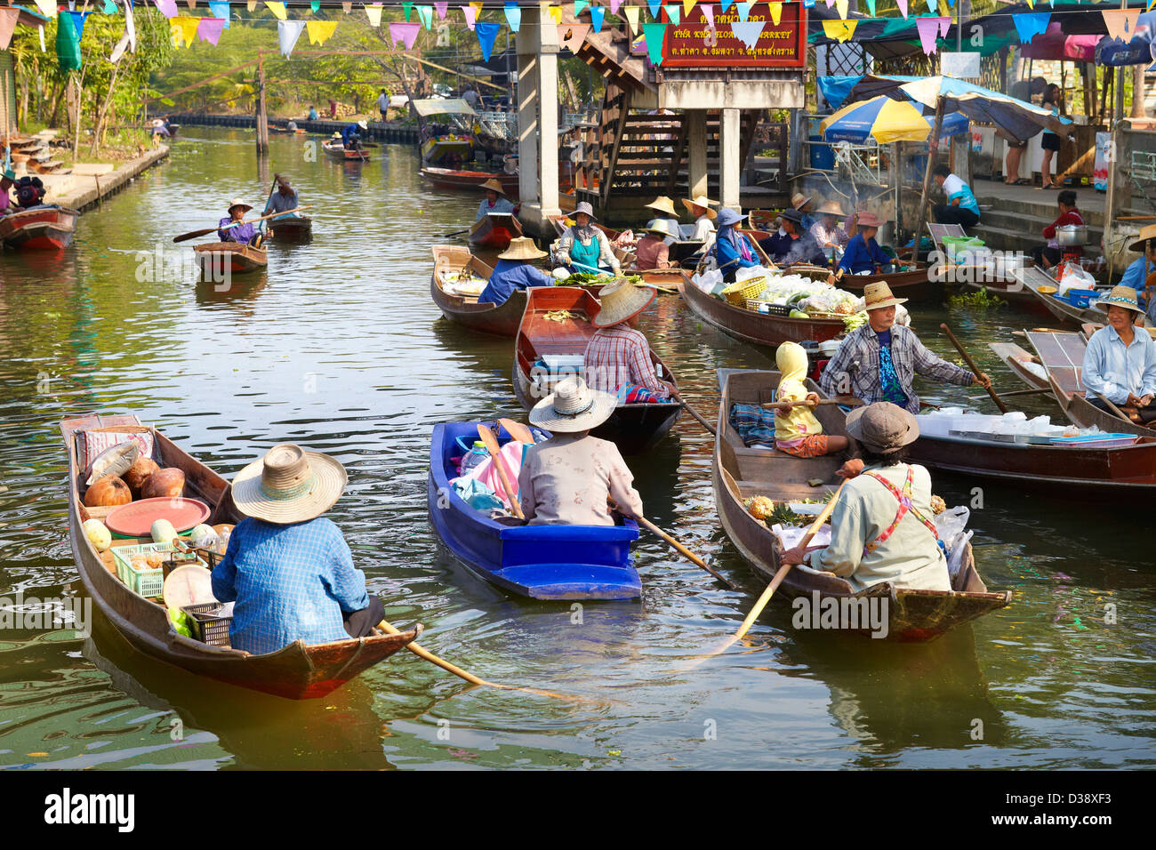 Marché Flottant Tha Kha près de Bangkok, Bangkok, Thaïlande Banque D'Images