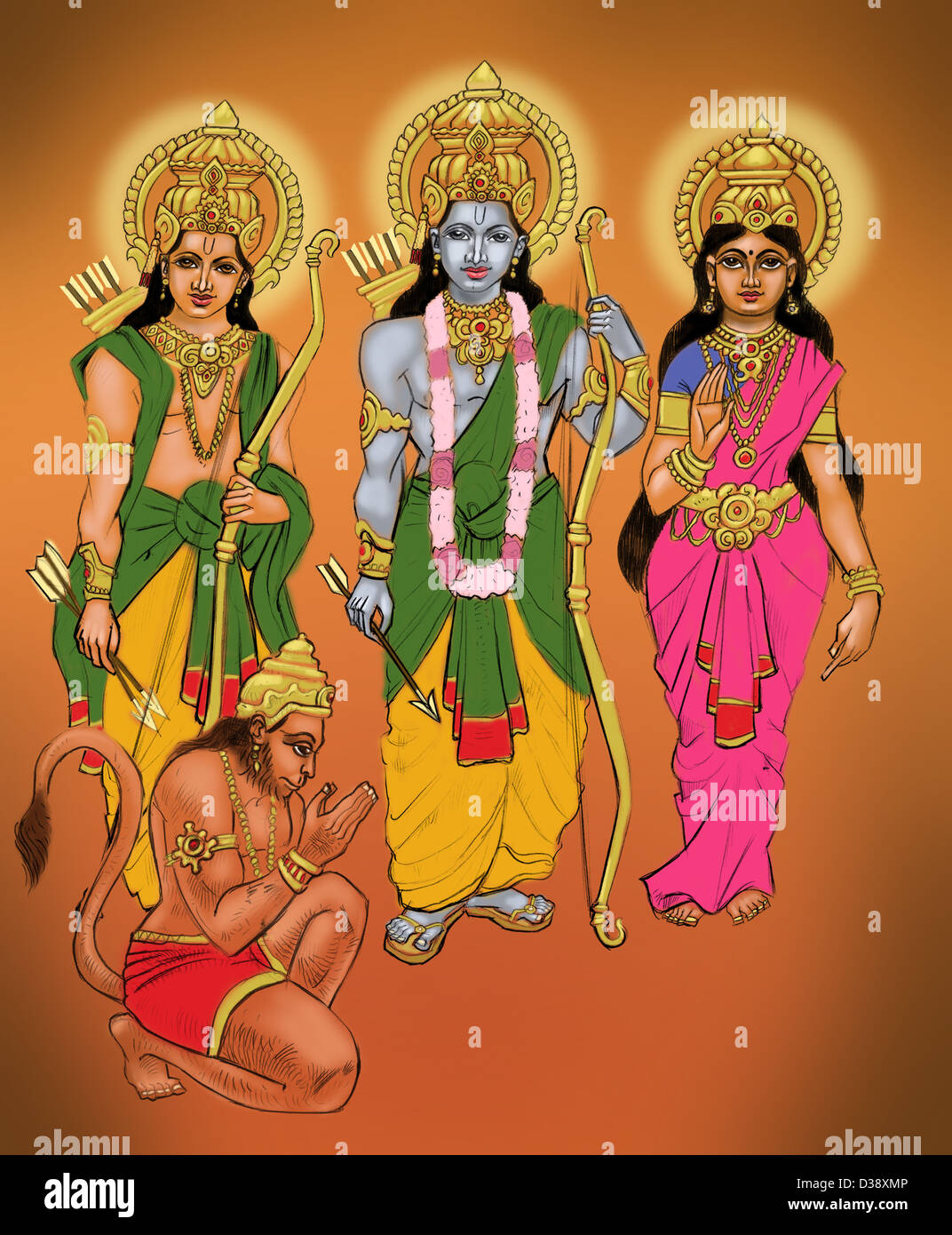 Seigneur Hanuman s'inclinant devant le Seigneur Rama avec Sita et Lakshmana Banque D'Images