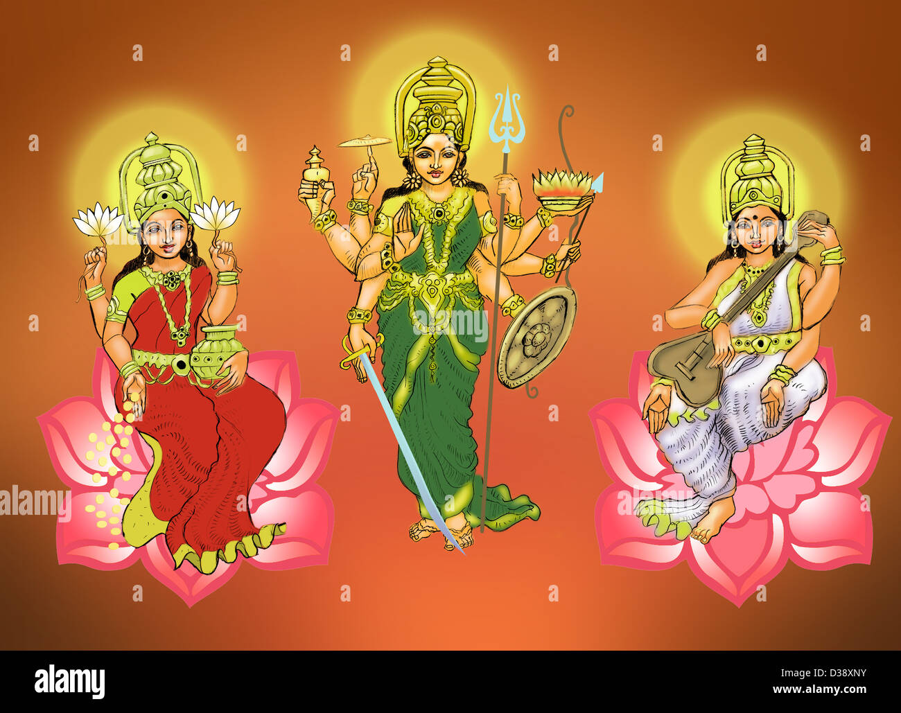 La Déesse Durga avec déesse Lakshmi et Déesse Saraswati Banque D'Images