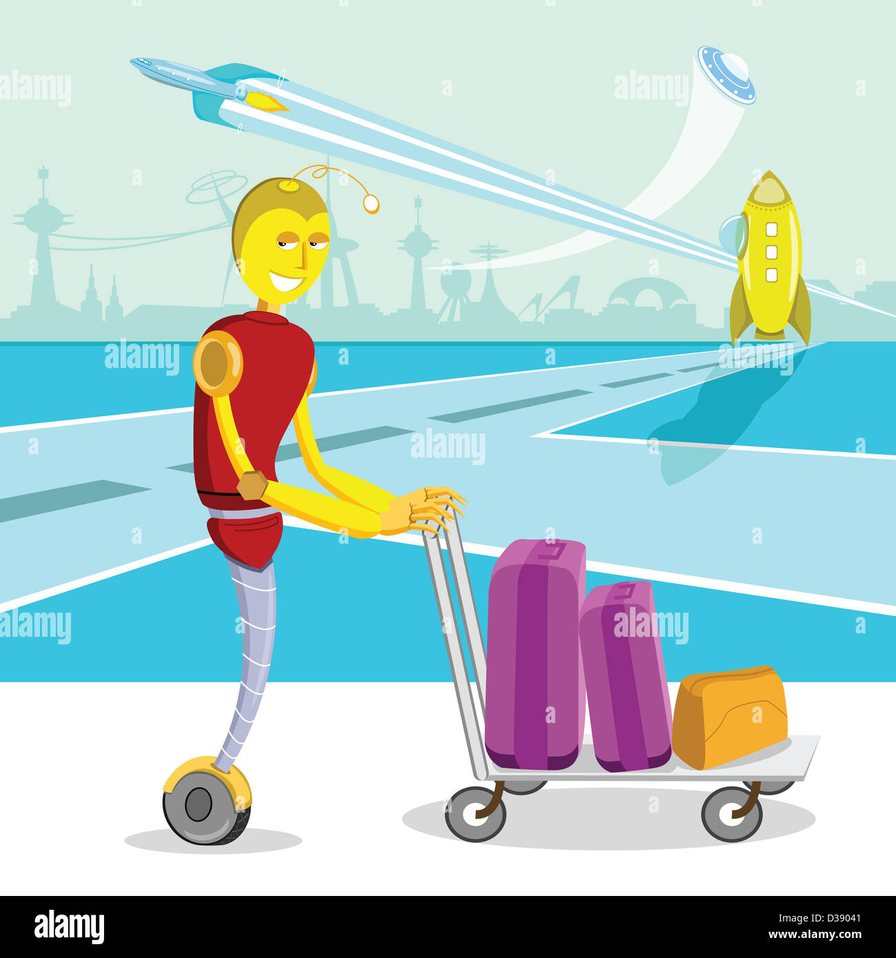 Robot futuriste poussant sur un chariot de bagages dans un aéroport Banque D'Images