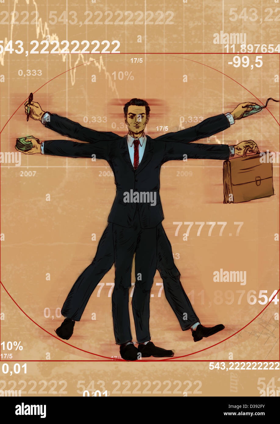 Businessman représentant Léonard de Vinci Homme de Vitruve Banque D'Images