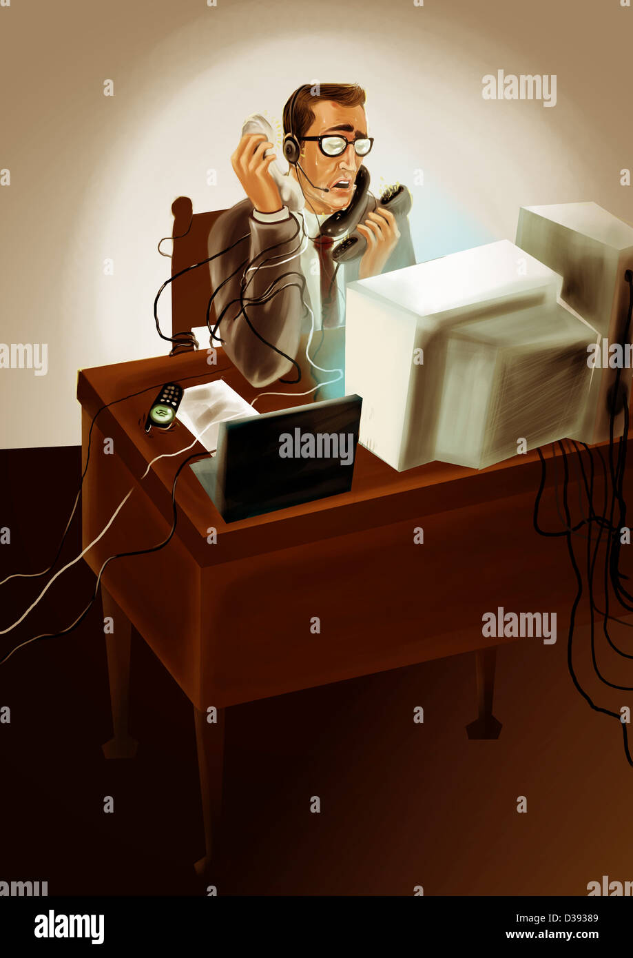 Multi-tâches businessman talking on telephone dans un bureau Banque D'Images