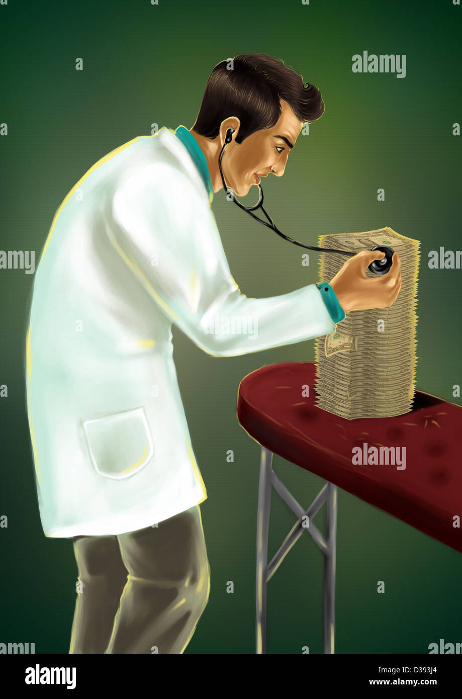 Médecin examinant un tas d'argent avec un stéthoscope Banque D'Images