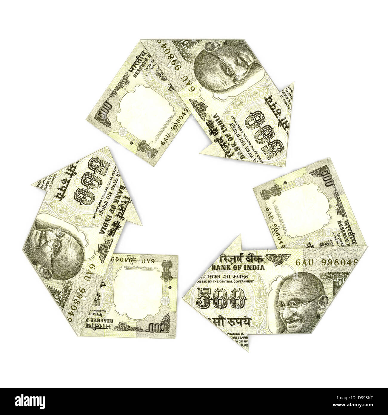 Cinq cents Indiens rupee notes en forme de symbole de recyclage Banque D'Images