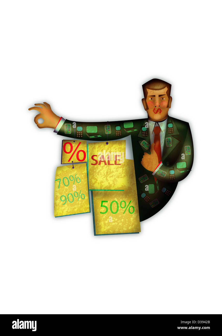 Illustration du vendeur avec un rabais et à la vente des conseils sur fond blanc Banque D'Images