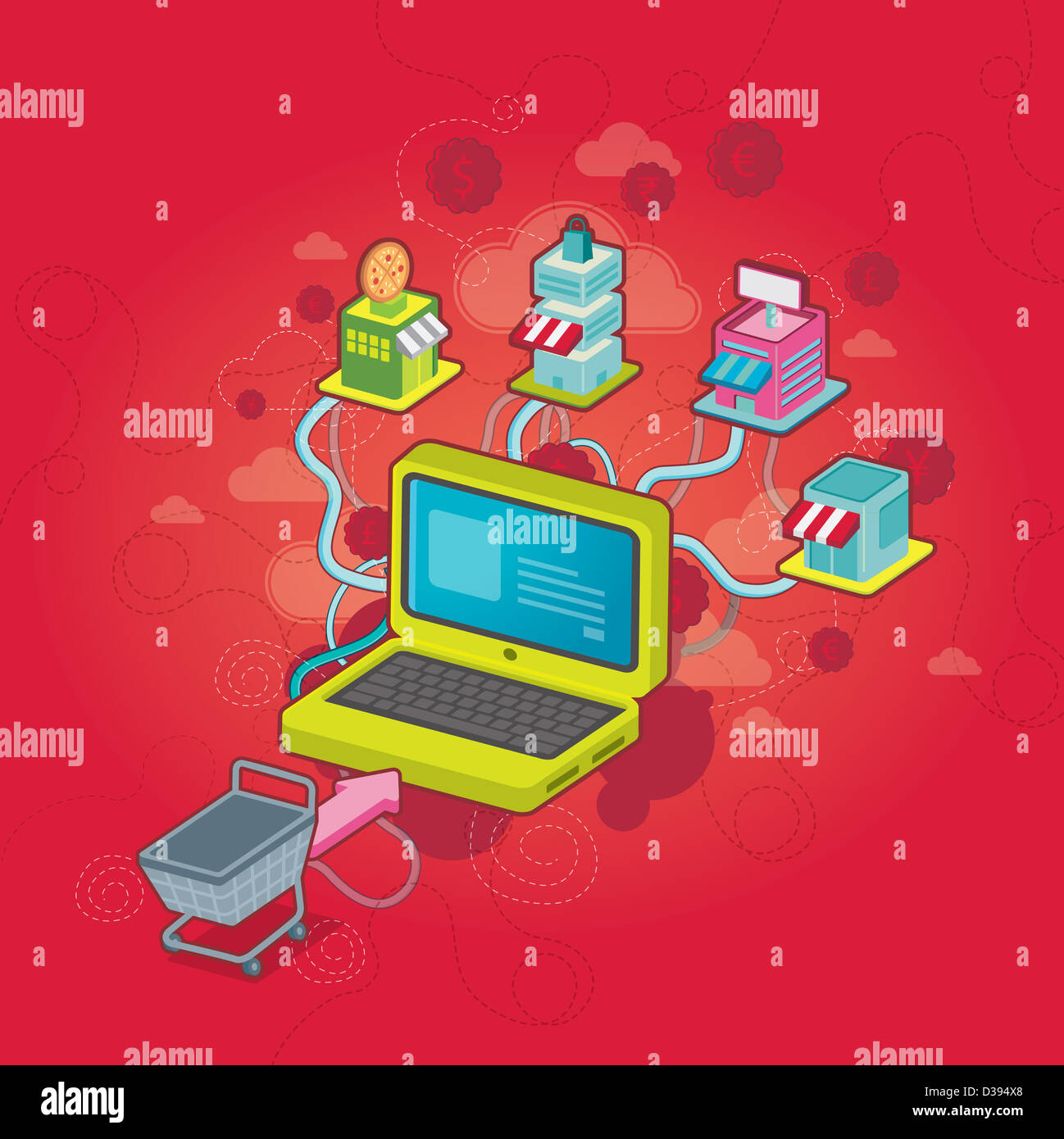 Image conceptuelle de l'ordinateur et panier avec symboles de devises représentant magasinage en ligne Banque D'Images