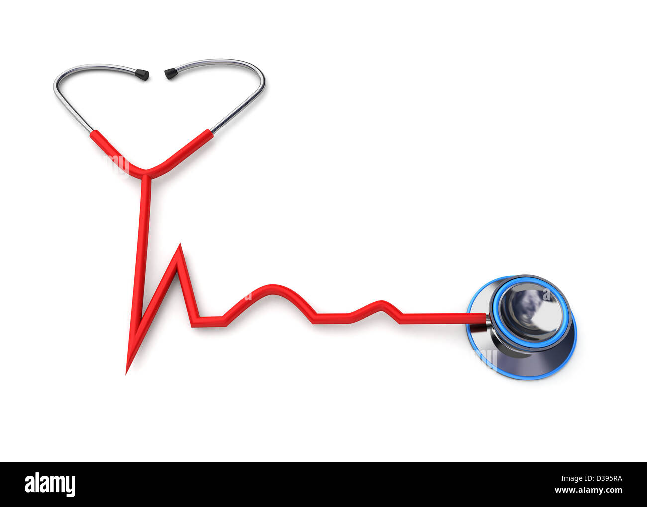 Stéthoscope rouge formant une forme de signal avec le tube sur fond blanc Banque D'Images