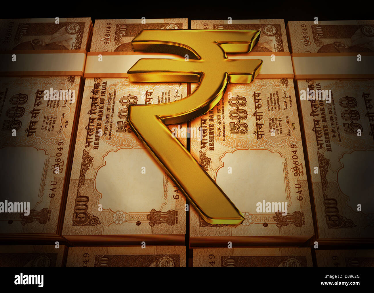Golden Rupee symbole sur devise indienne bottes Banque D'Images