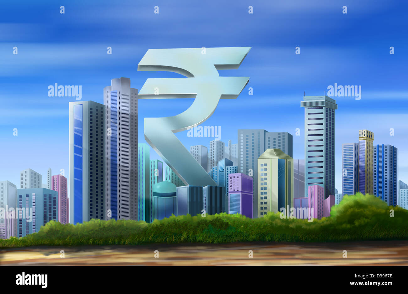 Illustration du financial district avec Indian Rupee symbole Banque D'Images