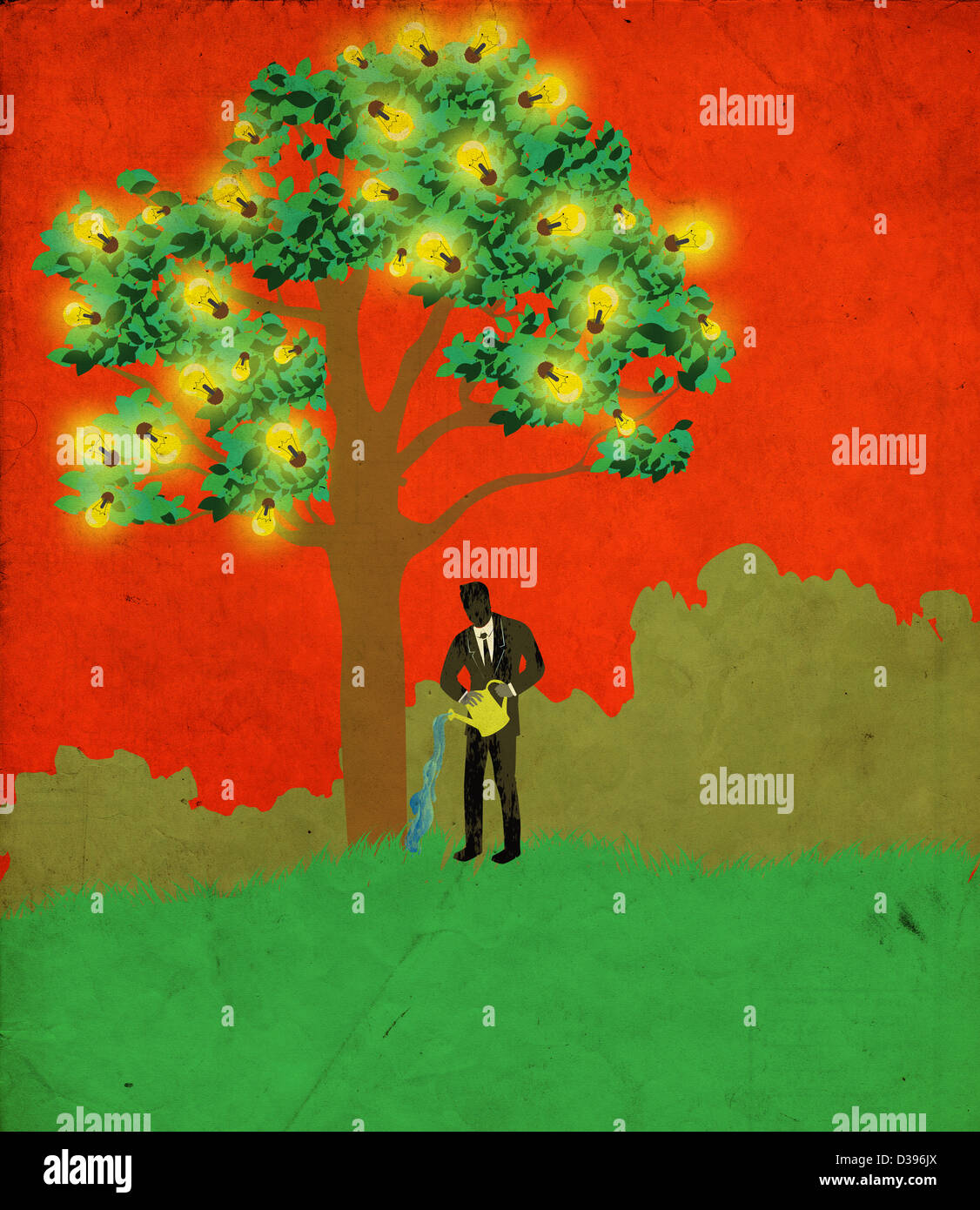 Conceptual shot of businessman arrosage tree avec ampoules rougeoyant en croissance de nouvelles idées Banque D'Images