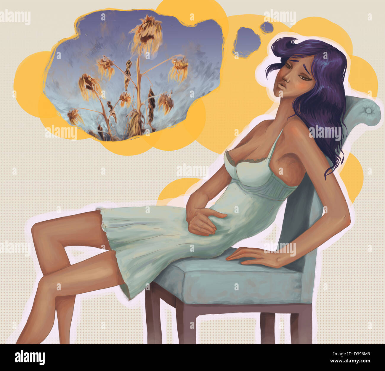 Photo de conceptuel découragée woman sitting on chair avec bulle pensée illustrant l'infertilité Banque D'Images