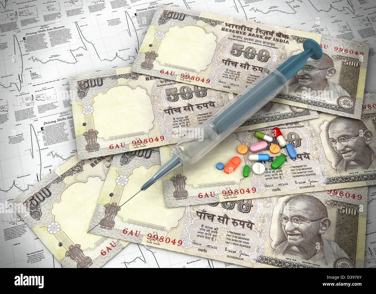 Monnaie de papier avec des médicaments et d'une seringue sur le tableau représentant l'investissement dans le marché boursier Banque D'Images